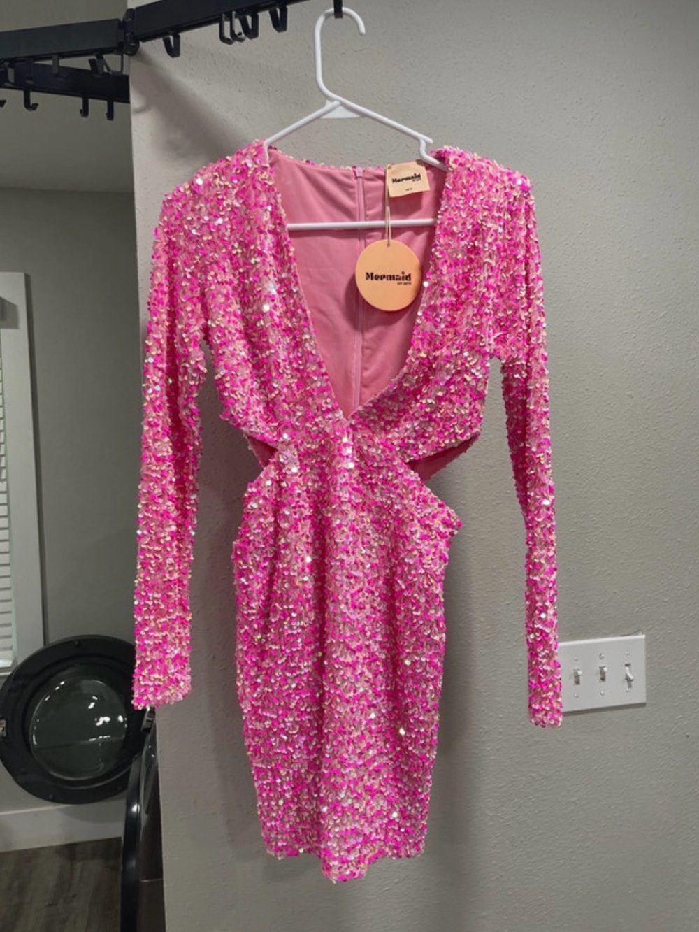 Pink Sequin Long-Sleeve Cutout Dress